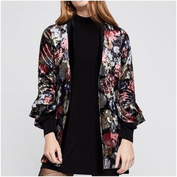 BCBGeneration Crushed Floral Velvet Open Cardigan Sz Small Junior Boho - Picture 2 of 12